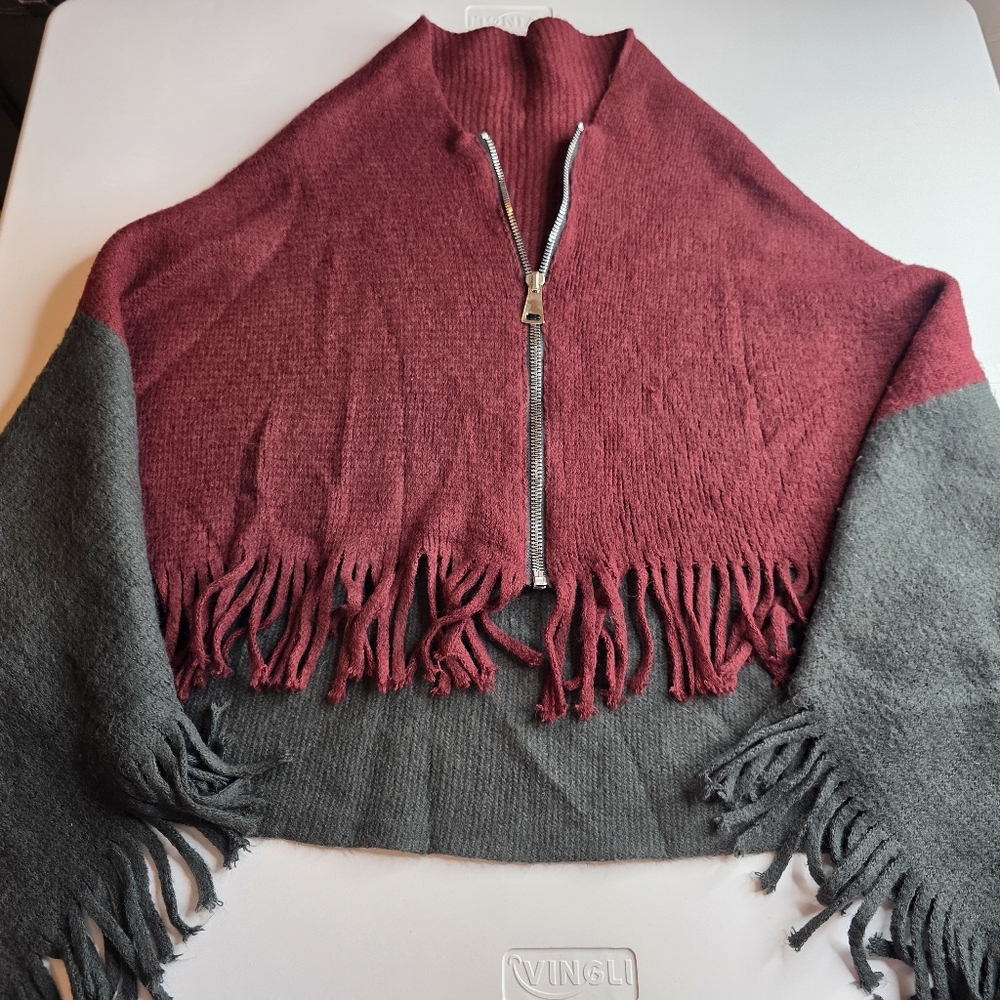 Fringed Zip Up 2-In-1 Poncho Scarf Burgundy Gray OSFM 2829-BF